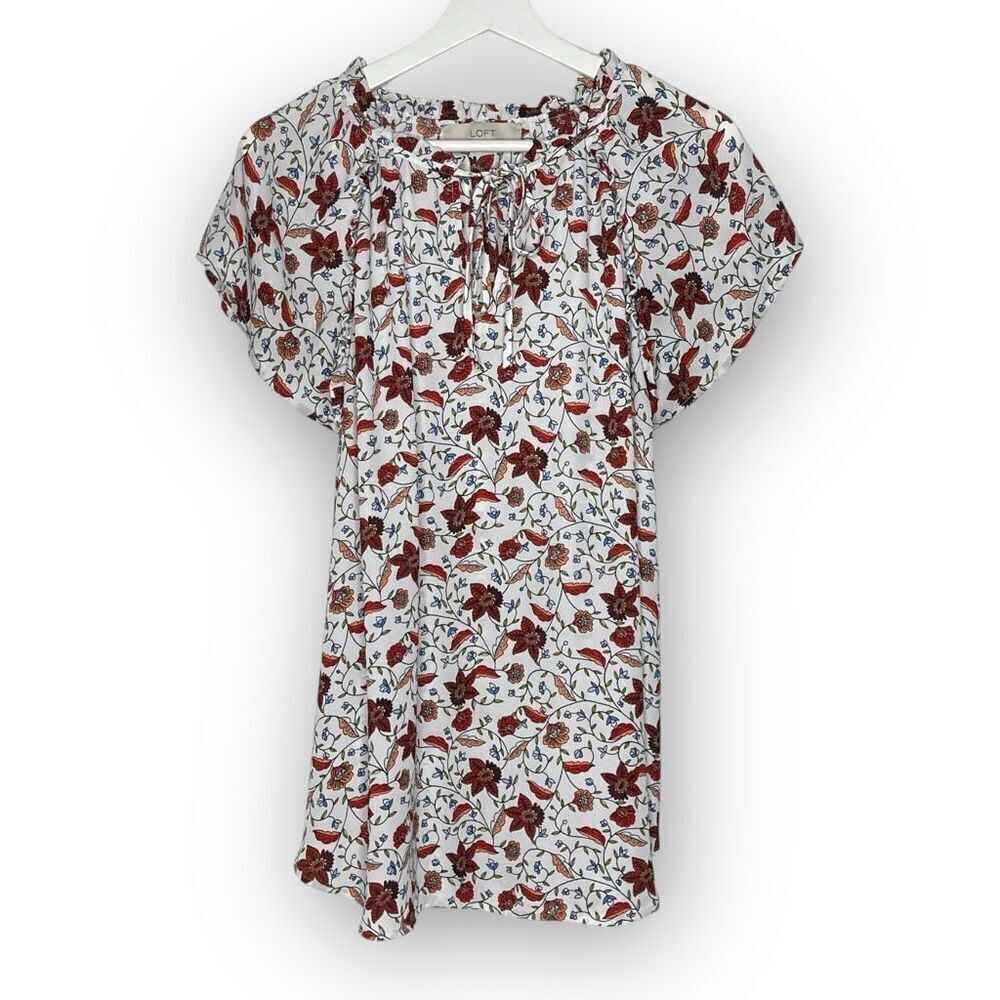 LOFT Loft White Red Floral Tie Front Flowy Top Blouse Short Sleeve Women Size XL